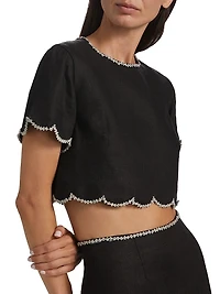 Crush Crystal-Embellished Scalloped Linen Crop Top