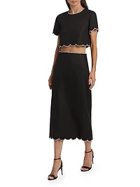 Crush Crystal-Embellished Scalloped Linen Crop Top