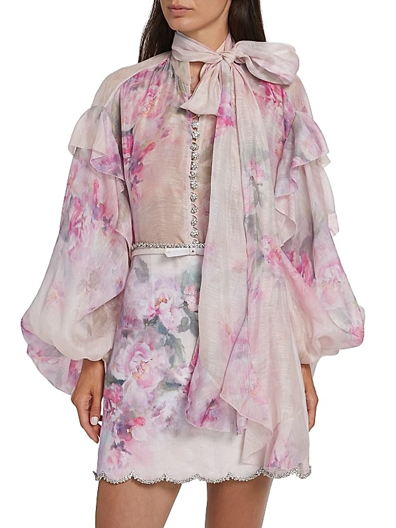 Crush Ruffled Floral Tieneck Shirt