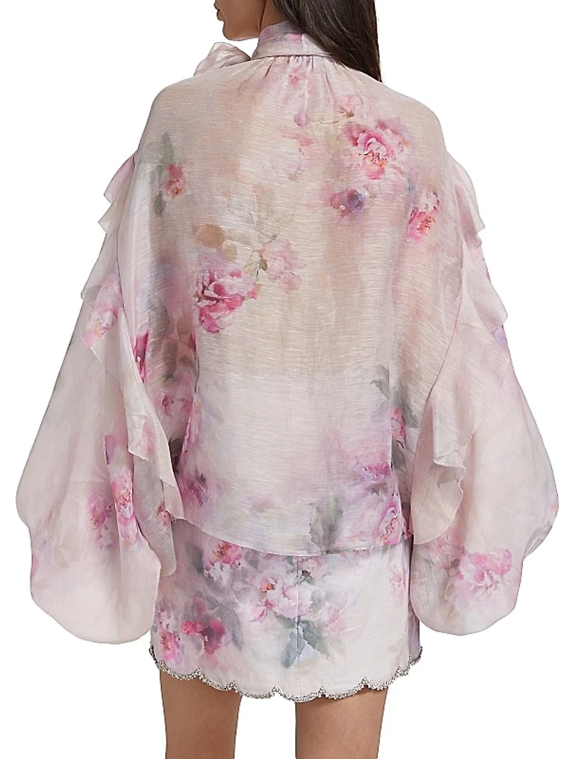 Crush Ruffled Floral Tieneck Shirt