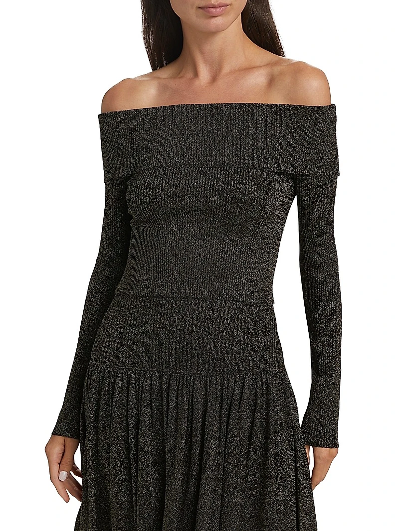 Crush Metallic Off-the-Shoulder Knit Long-Sleeve Top