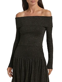 Crush Metallic Off-the-Shoulder Knit Long-Sleeve Top