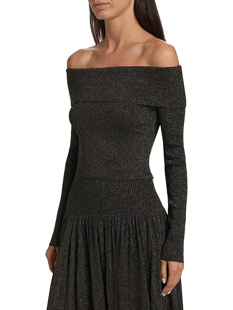 Crush Metallic Off-the-Shoulder Knit Long-Sleeve Top