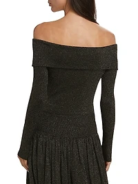 Crush Metallic Off-the-Shoulder Knit Long-Sleeve Top