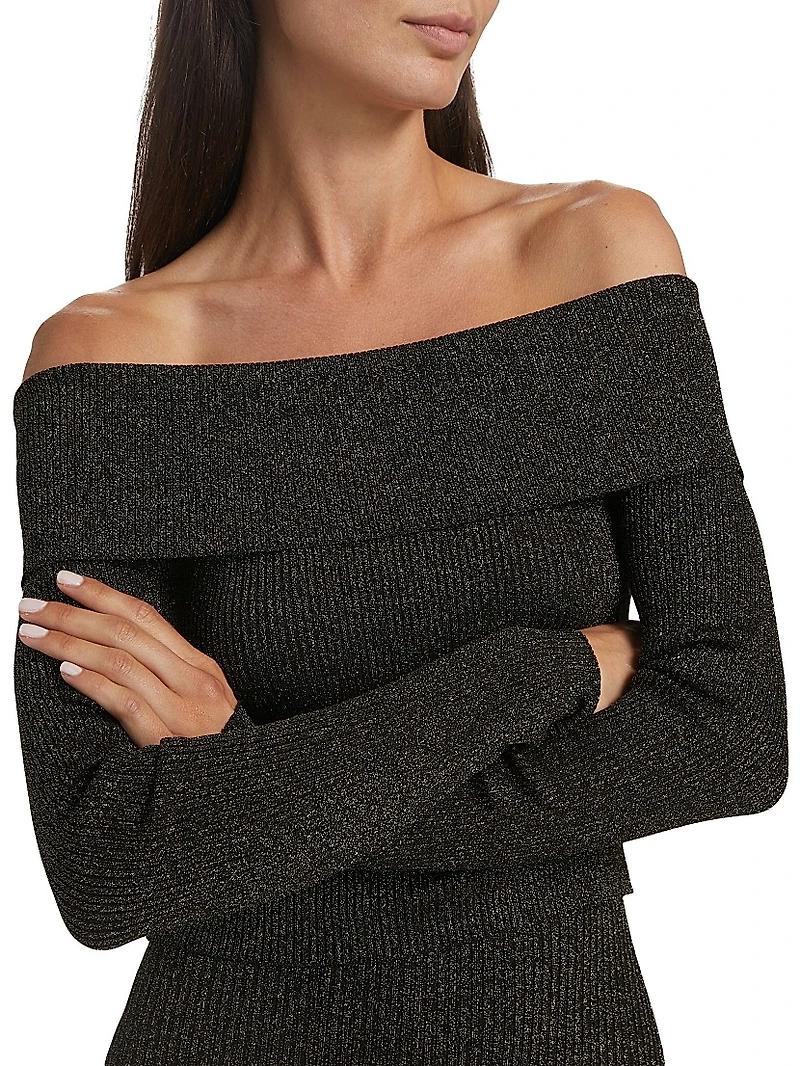 Crush Metallic Off-the-Shoulder Knit Long-Sleeve Top