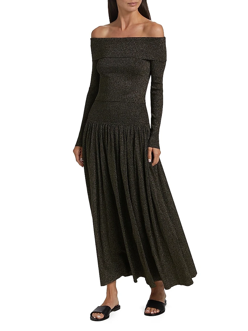 Crush Metallic Off-the-Shoulder Knit Long-Sleeve Top