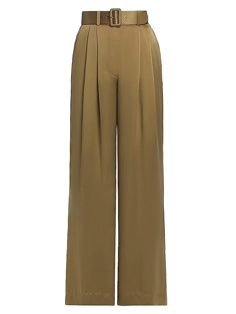 Tuck Silk Belted Wide-Leg Pants