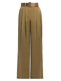 Tuck Silk Belted Wide-Leg Pants