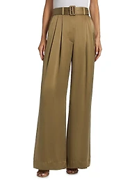 Tuck Silk Belted Wide-Leg Pants