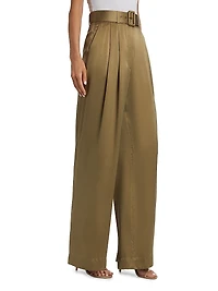 Tuck Silk Belted Wide-Leg Pants