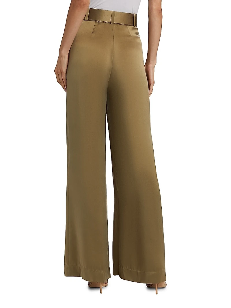 Tuck Silk Belted Wide-Leg Pants