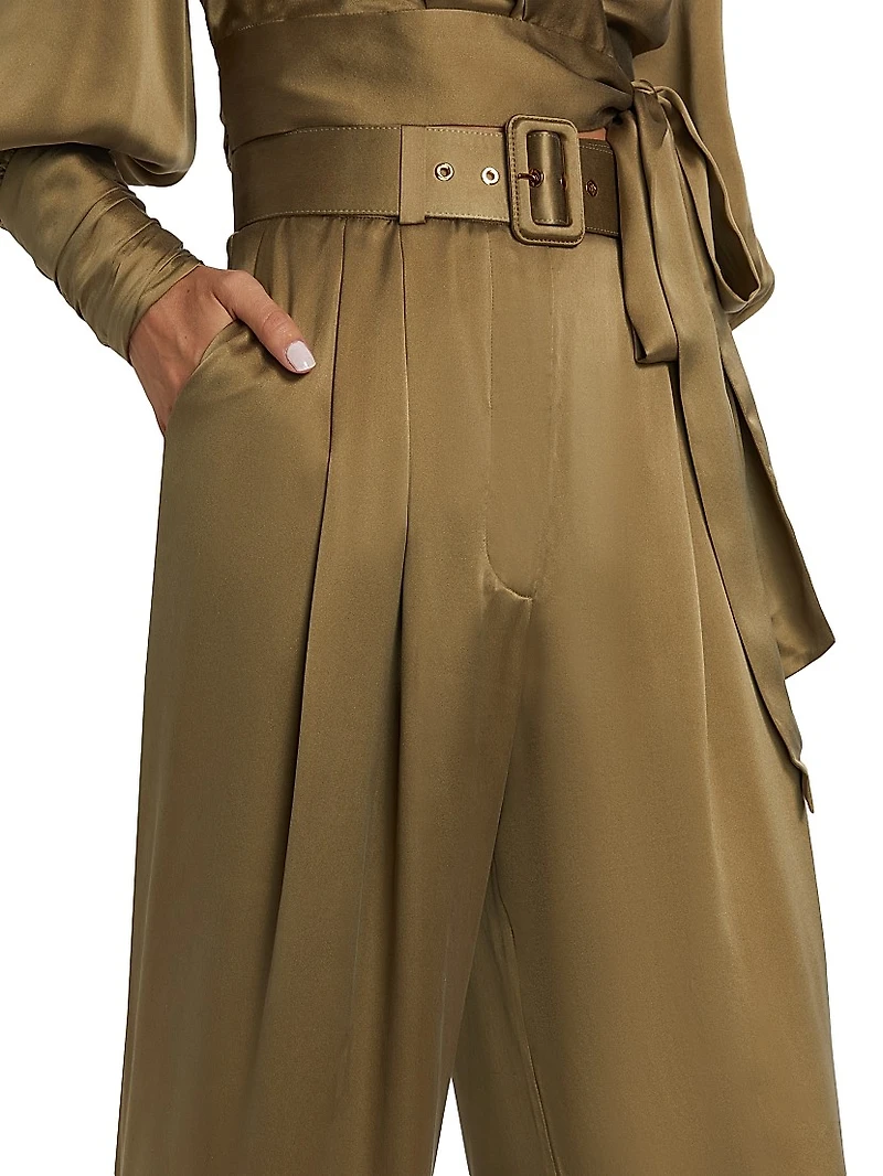 Tuck Silk Belted Wide-Leg Pants
