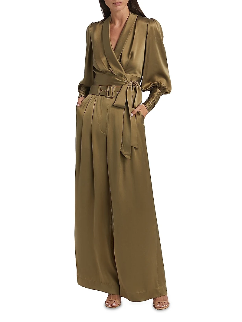 Tuck Silk Belted Wide-Leg Pants