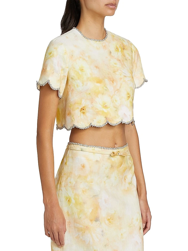 Crush Floral Crystal-Embellished Linen Scalloped Crop Top