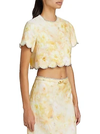 Crush Floral Crystal-Embellished Linen Scalloped Crop Top