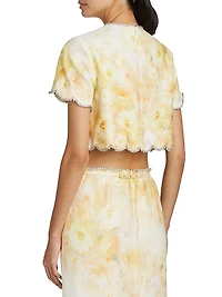 Crush Floral Crystal-Embellished Linen Scalloped Crop Top