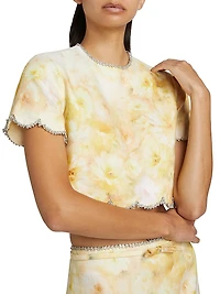 Crush Floral Crystal-Embellished Linen Scalloped Crop Top