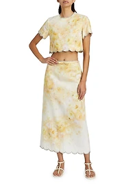 Crush Floral Crystal-Embellished Linen Scalloped Crop Top