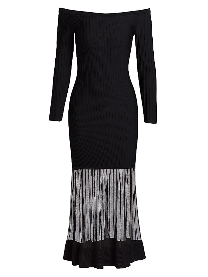 Milly Off-the-Shoulder Sheer Overlay Knit Maxi Dress