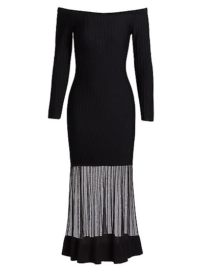 Milly Off-the-Shoulder Sheer Overlay Knit Maxi Dress
