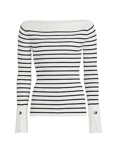 Anya Striped Rib-Knit Boatneck Sweater