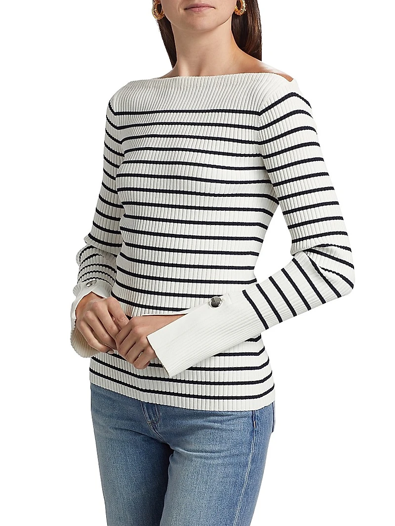 Anya Striped Rib-Knit Boatneck Sweater