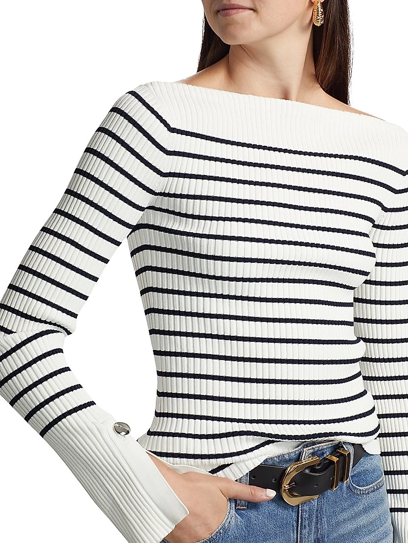 Anya Striped Rib-Knit Boatneck Sweater