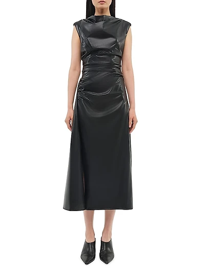 Burke Faux Leather Draped Midi-Dress