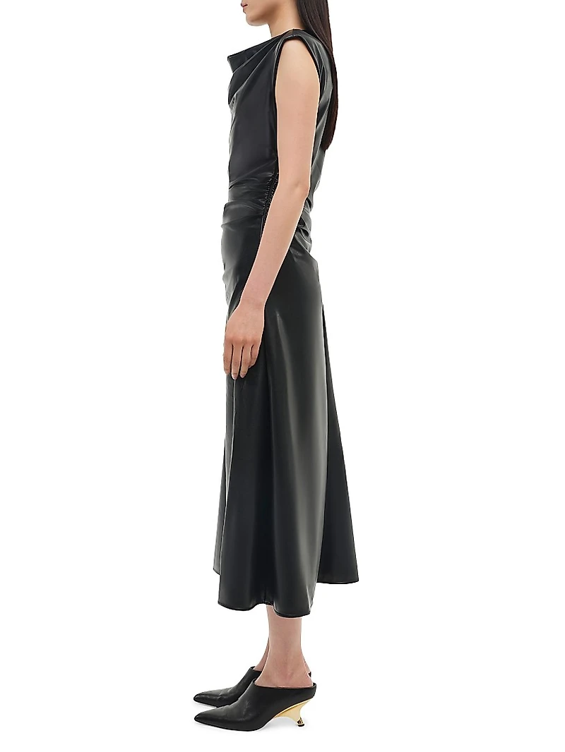 Burke Faux Leather Draped Midi-Dress