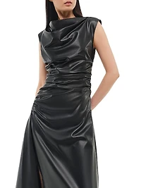 Burke Faux Leather Draped Midi-Dress