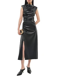 Burke Faux Leather Draped Midi-Dress