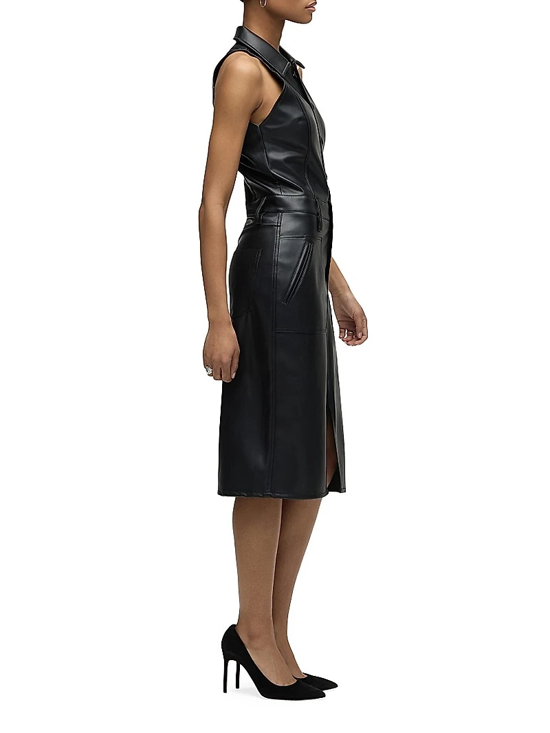 Vegan Leather Halter Utility Midi-Dress
