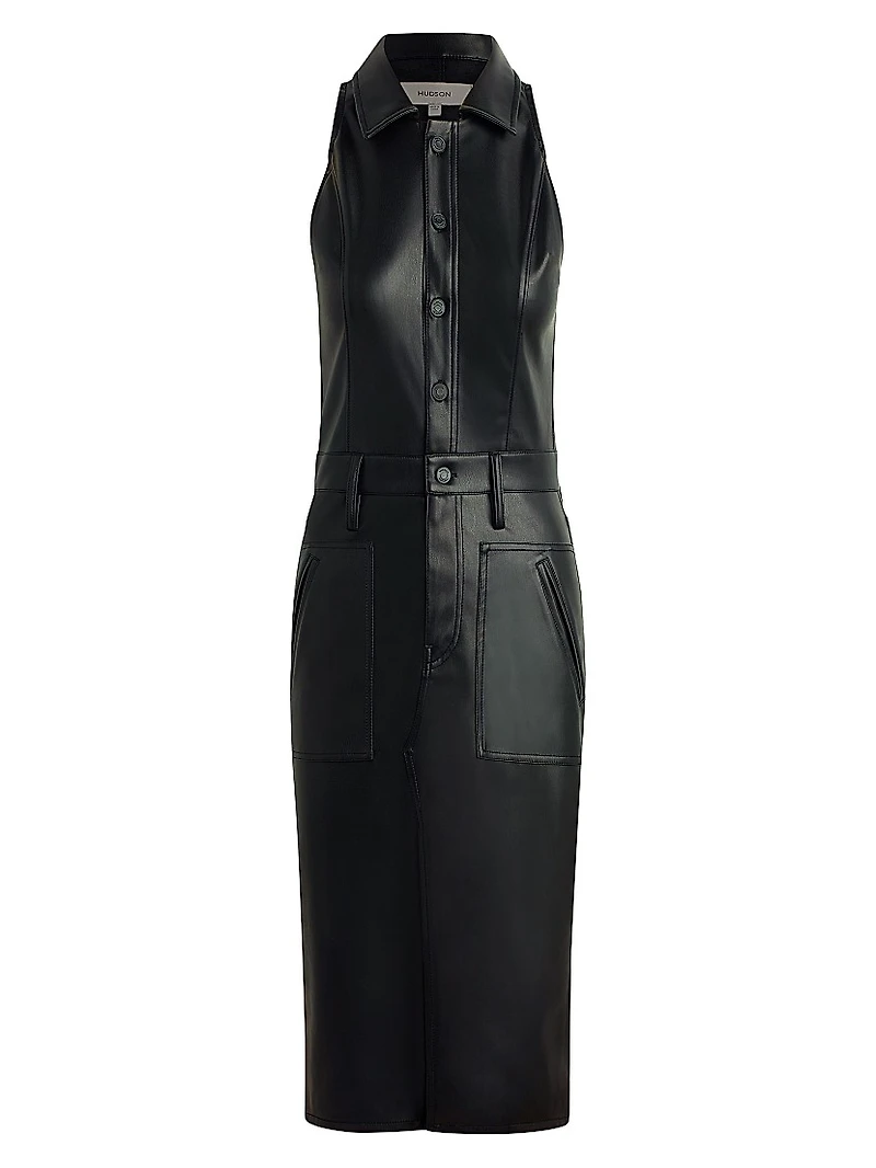Vegan Leather Halter Utility Midi-Dress