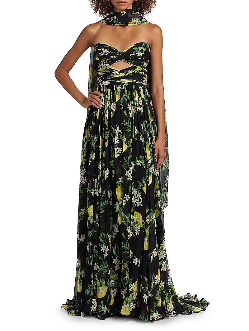 Floral Strapless Scarf Gown
