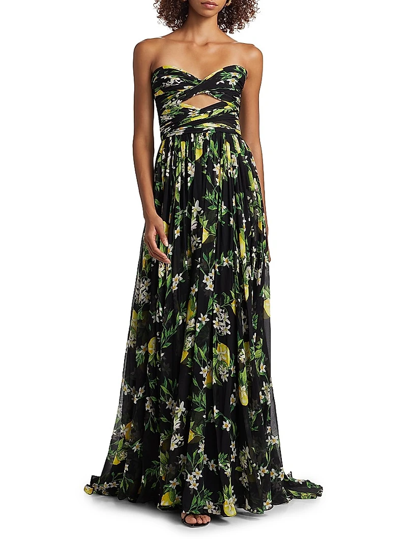 Floral Strapless Scarf Gown