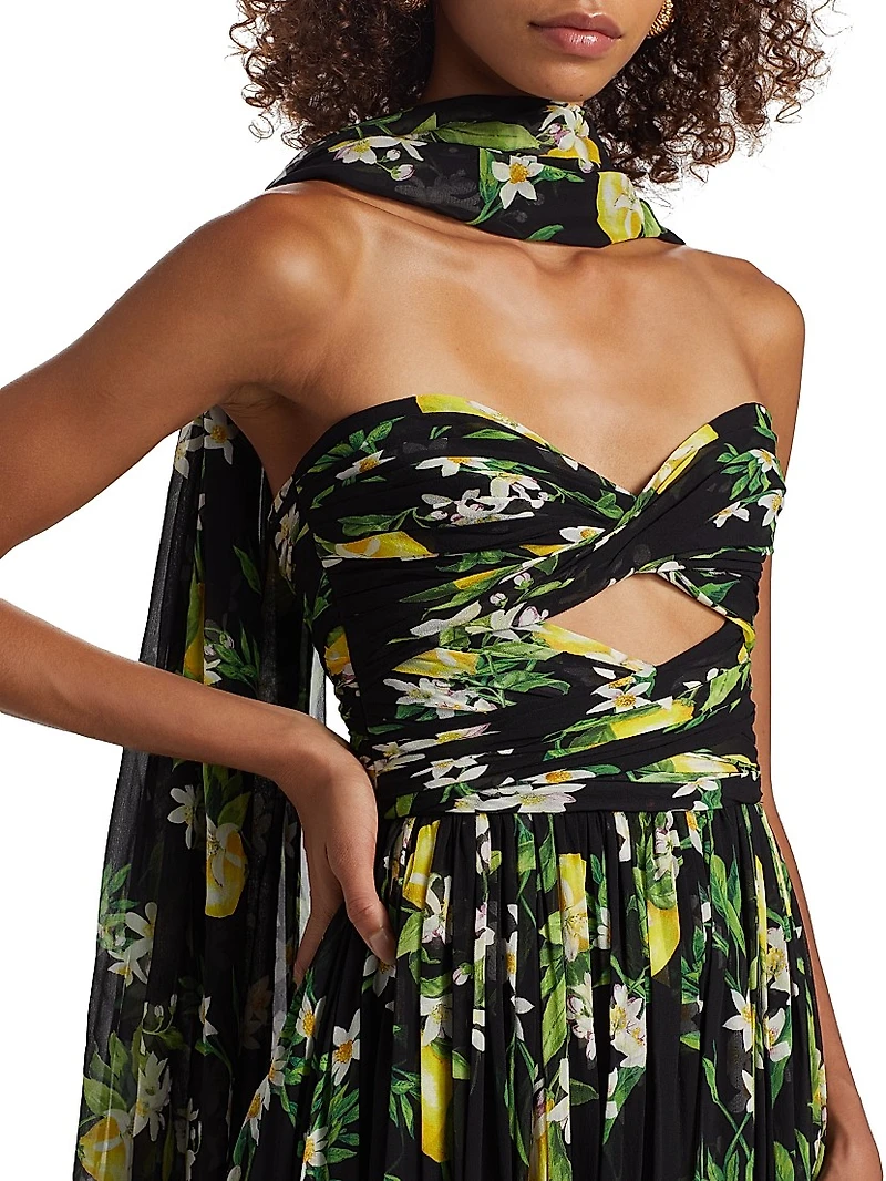 Floral Strapless Scarf Gown