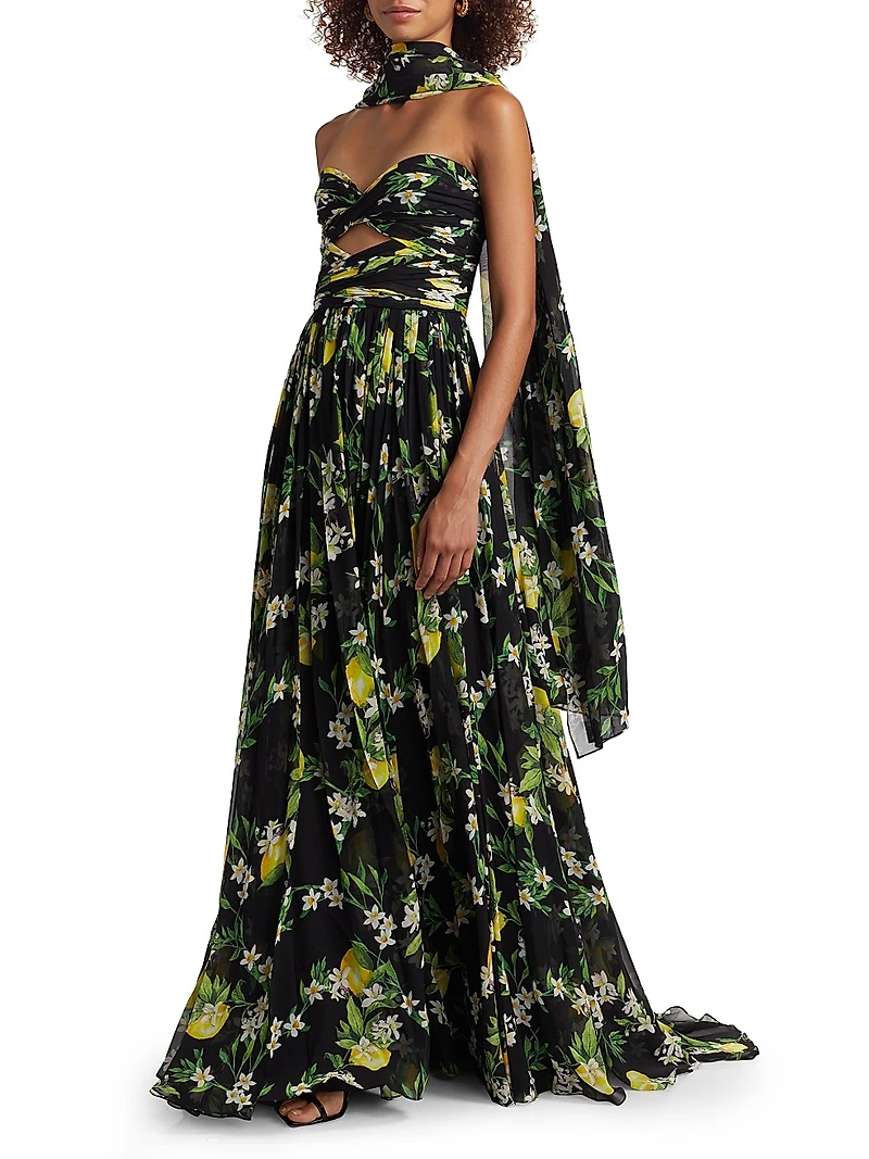 Floral Strapless Scarf Gown