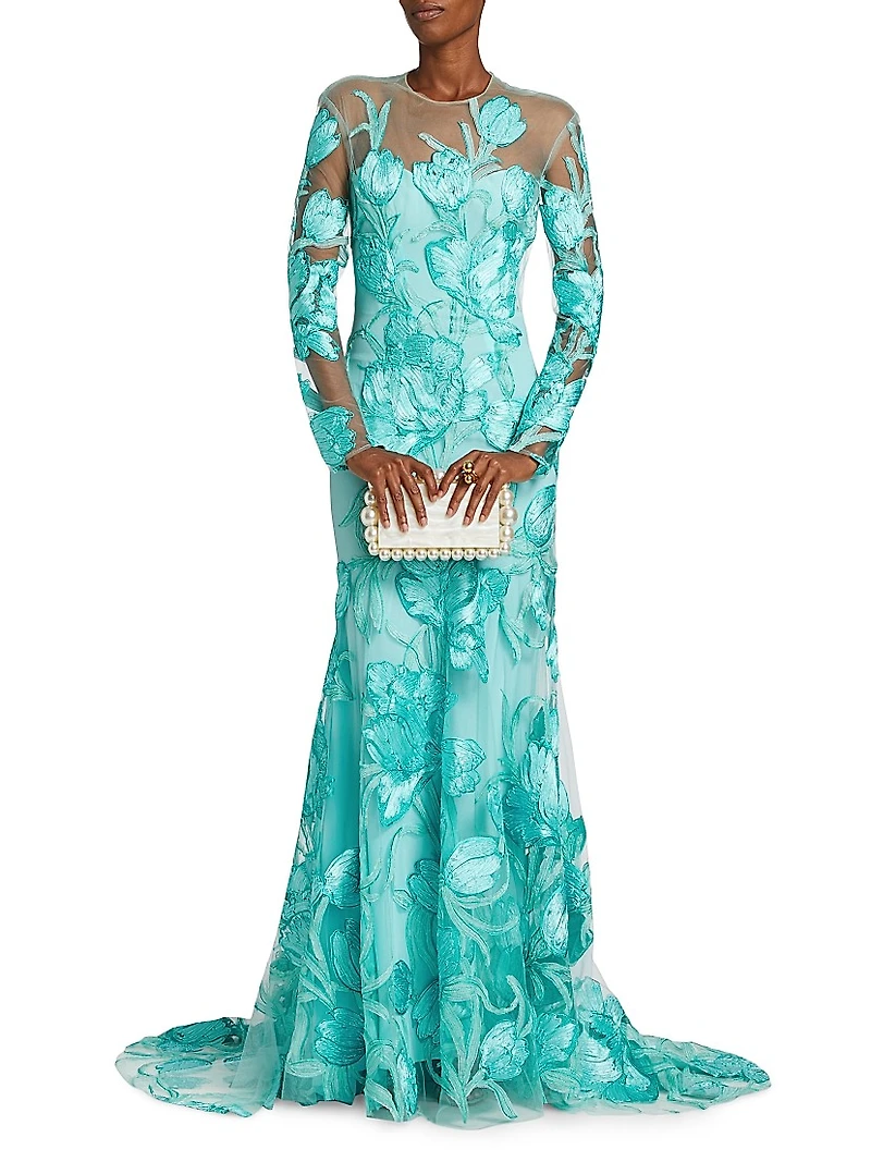 Petal Appliqué Illusion Trumpet Gown