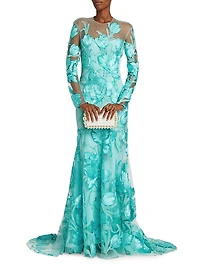 Petal Appliqué Illusion Trumpet Gown