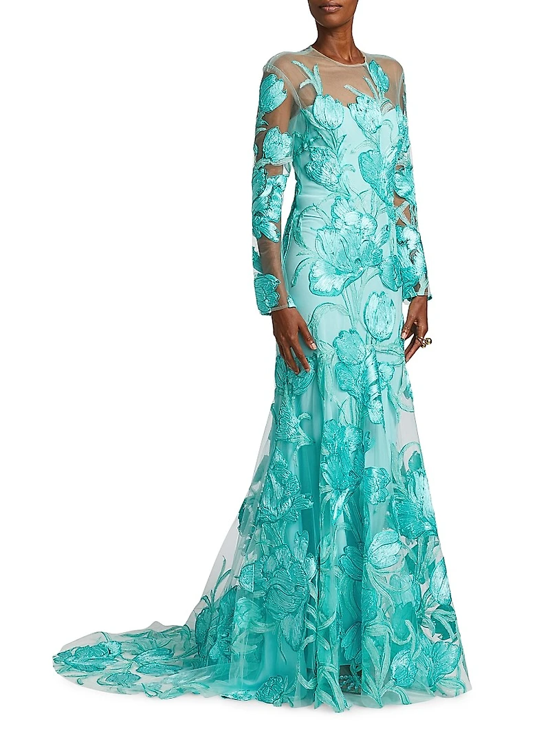 Petal Appliqué Illusion Trumpet Gown