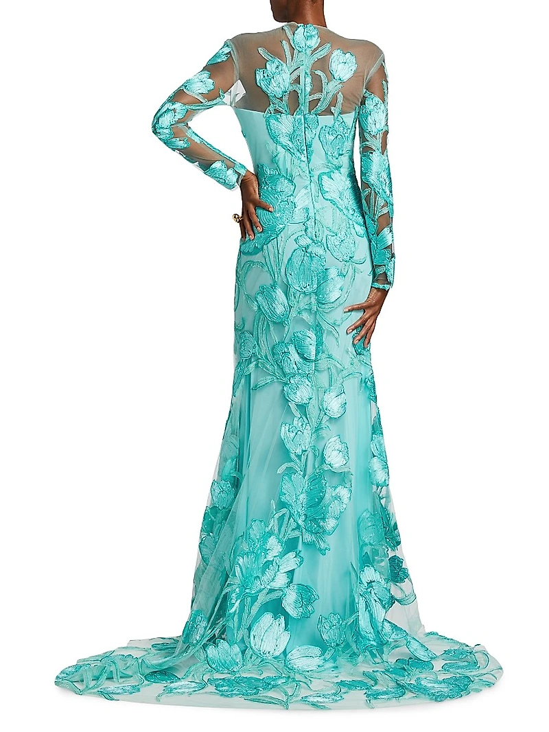 Petal Appliqué Illusion Trumpet Gown