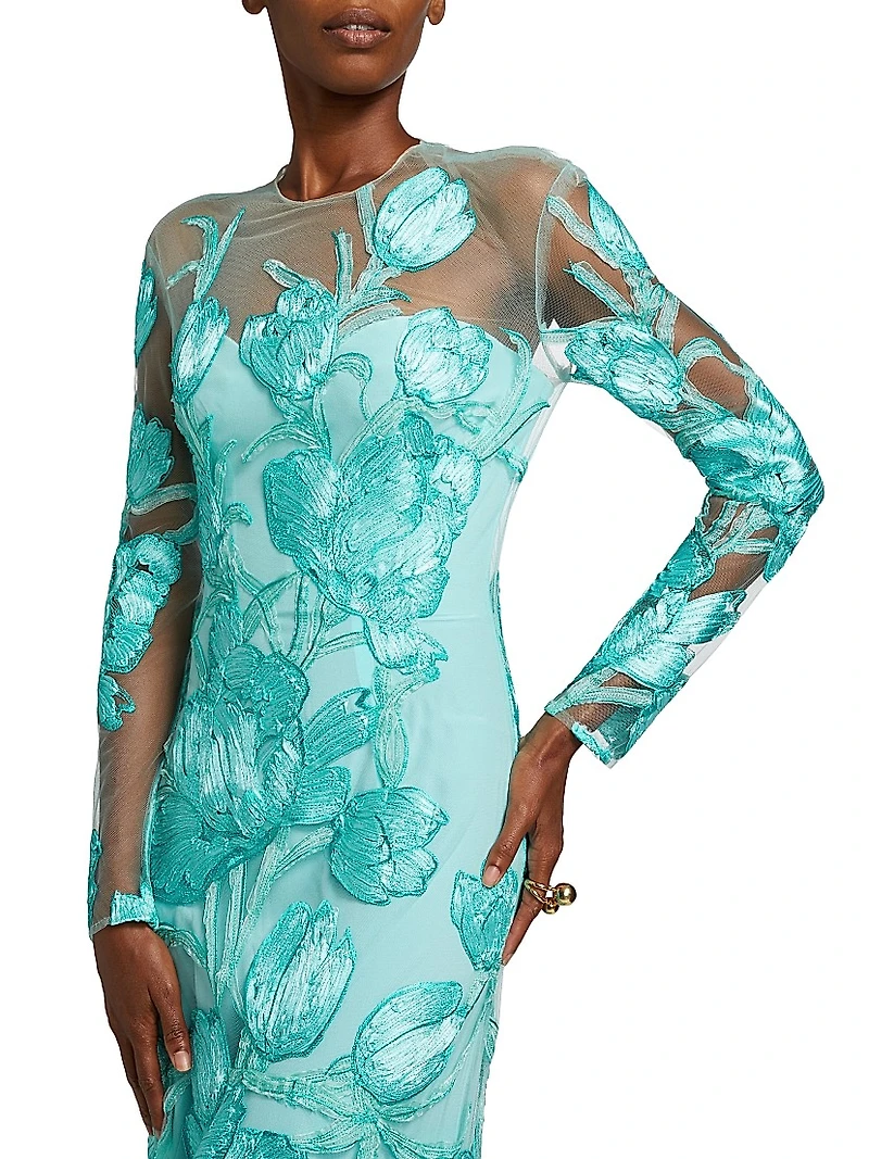 Petal Appliqué Illusion Trumpet Gown
