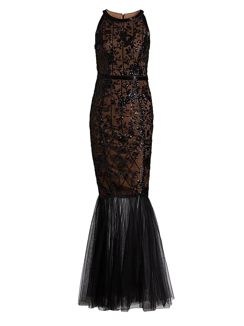Floral Sequined Tulle Mermaid Gown