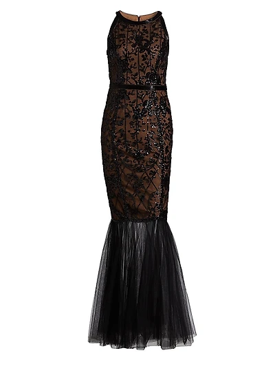 Floral Sequined Tulle Mermaid Gown