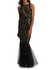 Floral Sequined Tulle Mermaid Gown