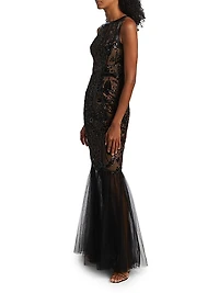 Floral Sequined Tulle Mermaid Gown