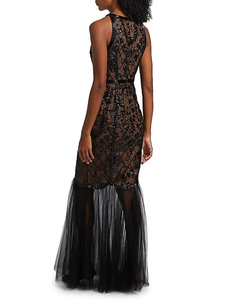 Floral Sequined Tulle Mermaid Gown