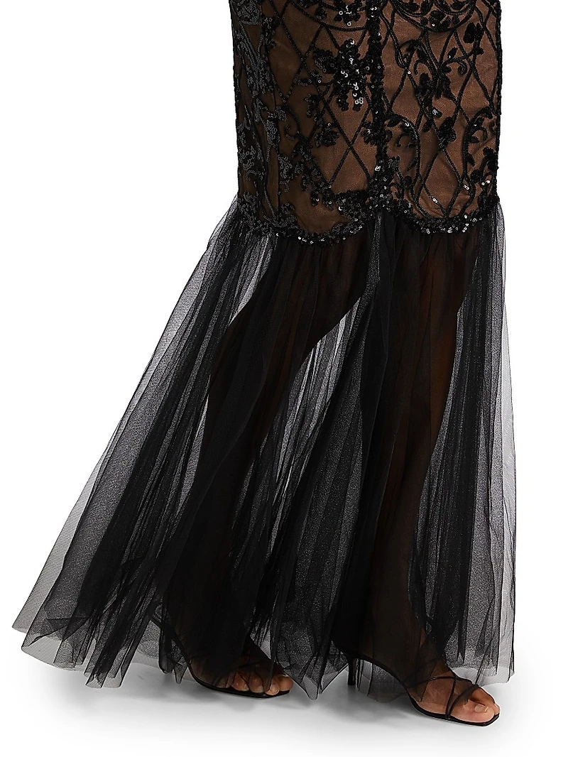 Floral Sequined Tulle Mermaid Gown