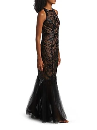 Floral Sequined Tulle Mermaid Gown