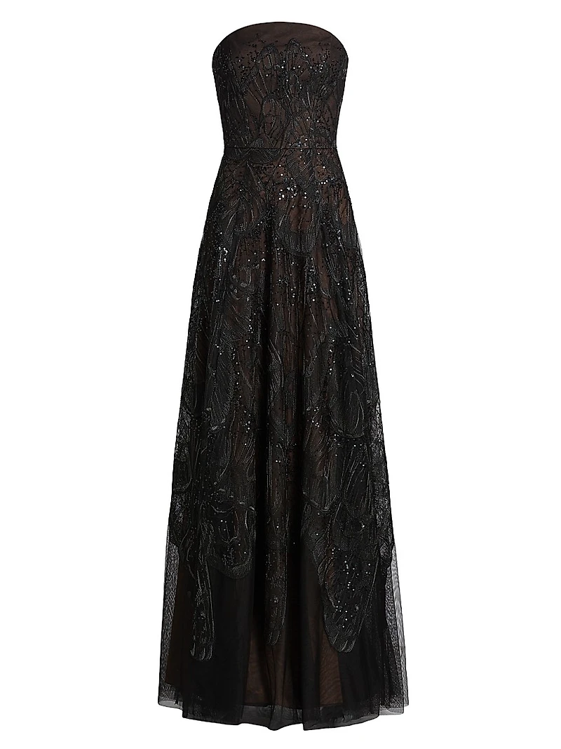 Embroidered Tulle Strapless A-Line Gown